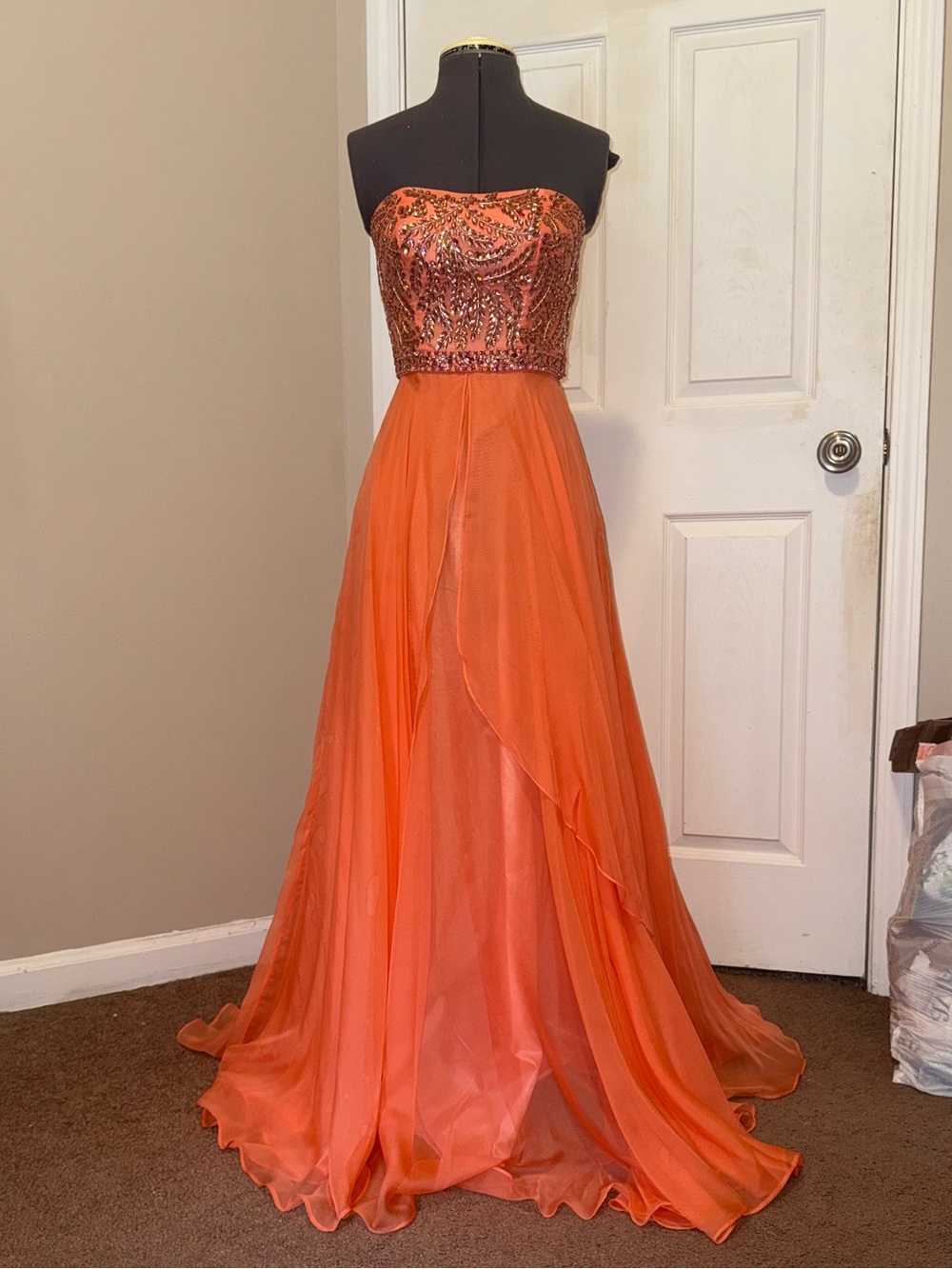 Sherri Hill Orange Strapless Beaded Chiffon Gown